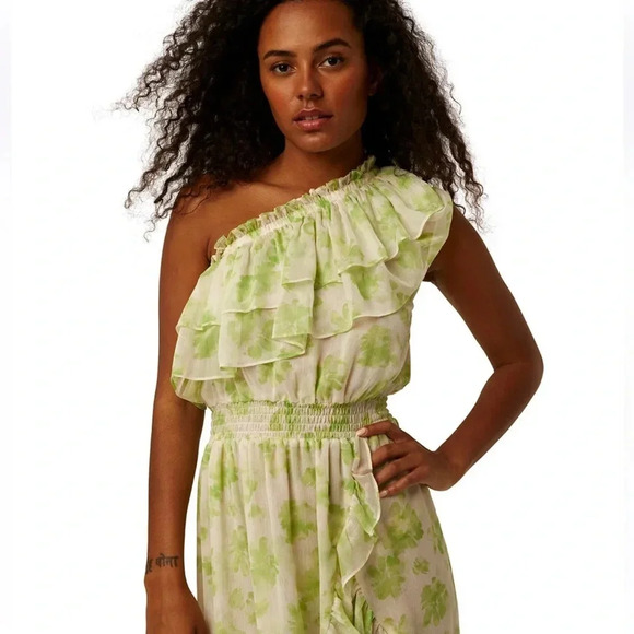 Misa Rumi One Shoulder Asymmetric Ruffle Floral Print Chiffon Dress Size S NWT - Picture 2 of 13